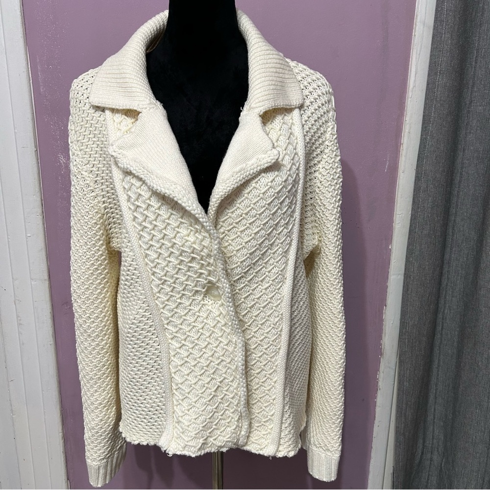 Anthropologie Maeve Cardigan Womans Size Large Cream Blue Cable Knit One Button